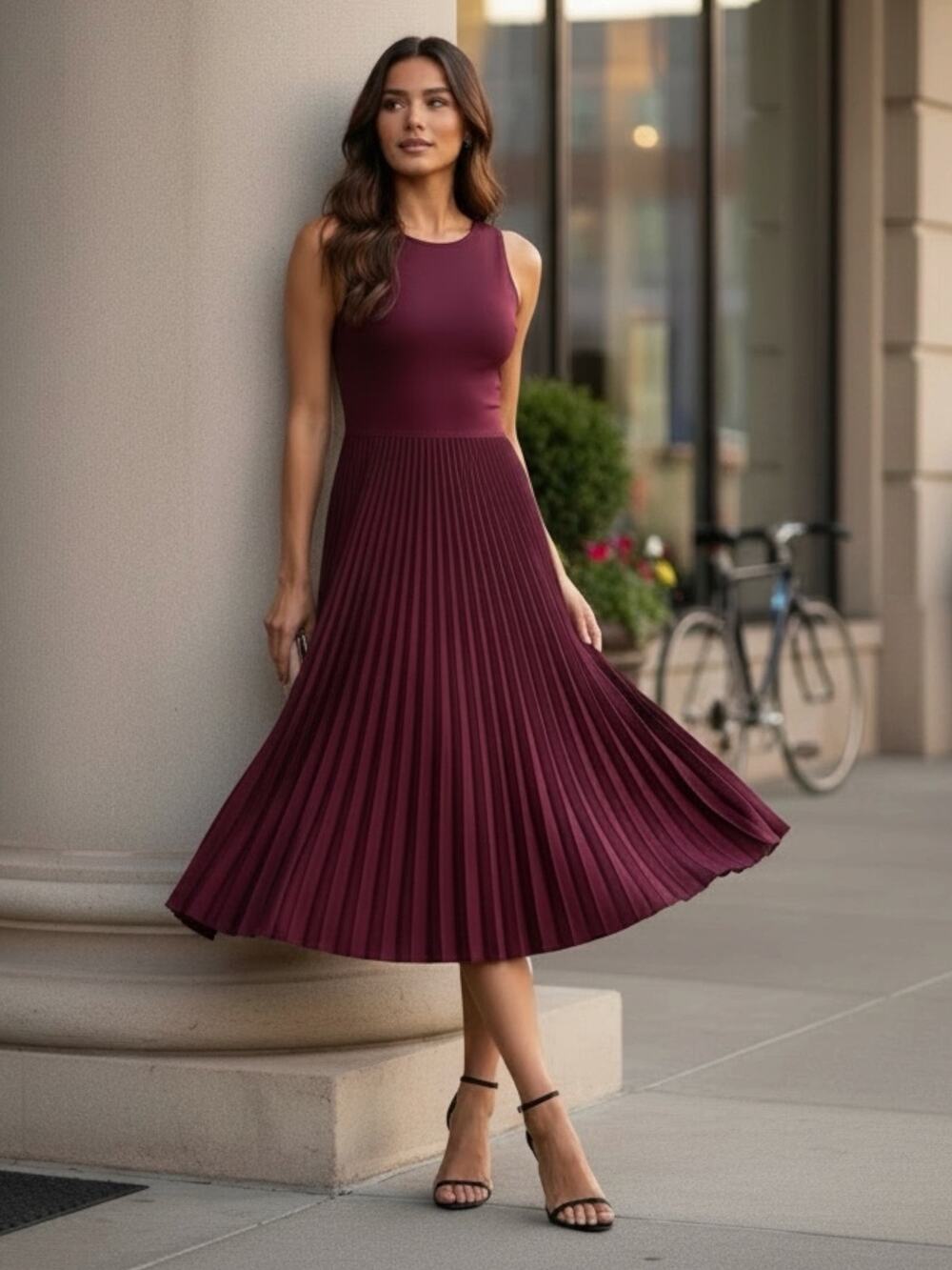 Theory Midrelle Satin Pleated Midi Dress Deep Crimson Red Size 0P